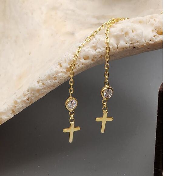 925 Sterling Silver Gold Cross Earrings | Stone Detail | Threader Chain Style - Picture 2 of 7